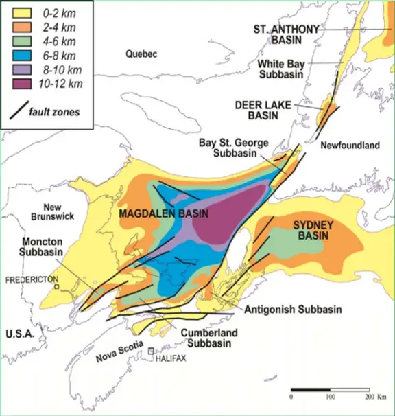 Geological map of Atlantic Canada showing basin depths and fault zones across the Magdalen, Sydney and Antigonish basins.