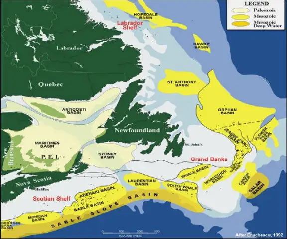 Map of Atlantic Canada showing offshore sedimentary basins with discovered natural gas resources not currently in production