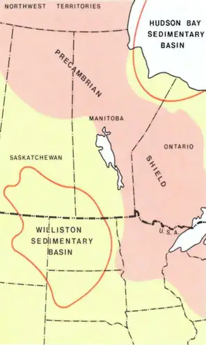Map of the Williston Sedimentary Basin across Manitoba and Saskatchewan, representing Central Canada light oil assets with multiple productive horizons.