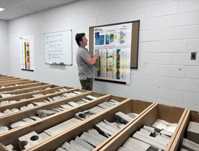 Geoscience expert reviewing offshore Newfoundland core samples from the Hibernia, White Rose and Bay du Nord fields.